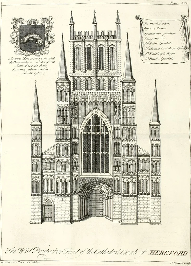 An illustration from A survey of the cathedrals of York, Durham, Carlisle, Chester, Man, Litchfield, Hereford, Worcester, Gloucester, Bristol, Lincoln, Ely, Oxford, Peterborough, Canterbury, Rochester, London, Winchester, Chichester, Norwich, Salisbury, Wells, Exeter, St. Davids, Landaff, Bangor, and St. Asaph : containing an history of their foundations, builders, antient monuments, and inscriptions, endowments, alienations, sales of lands, patronages ... : with an exact account of all the churches and chapels in each diocese, distinguished under their proper archdeaconries and deanries, to what saints dedicated, who patrons of them, and to what religious houses appropriated : the whole extracted from numerous collections out of the registers of every particular see ... : and illustrated with thirty-two curious draughts ... : in three volumes, 1742, leaf 561