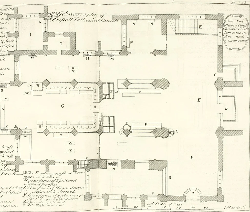 An illustration from A survey of the cathedrals of York, Durham, Carlisle, Chester, Man, Litchfield, Hereford, Worcester, Gloucester, Bristol, Lincoln, Ely, Oxford, Peterborough, Canterbury, Rochester, London, Winchester, Chichester, Norwich, Salisbury, Wells, Exeter, St. Davids, Landaff, Bangor, and St. Asaph : containing an history of their foundations, builders, antient monuments, and inscriptions, endowments, alienations, sales of lands, patronages ... : with an exact account of all the churches and chapels in each diocese, distinguished under their proper archdeaconries and deanries, to what saints dedicated, who patrons of them, and to what religious houses appropriated : the whole extracted from numerous collections out of the registers of every particular see ... : and illustrated with thirty-two curious draughts ... : in three volumes, 1742, leaf 151