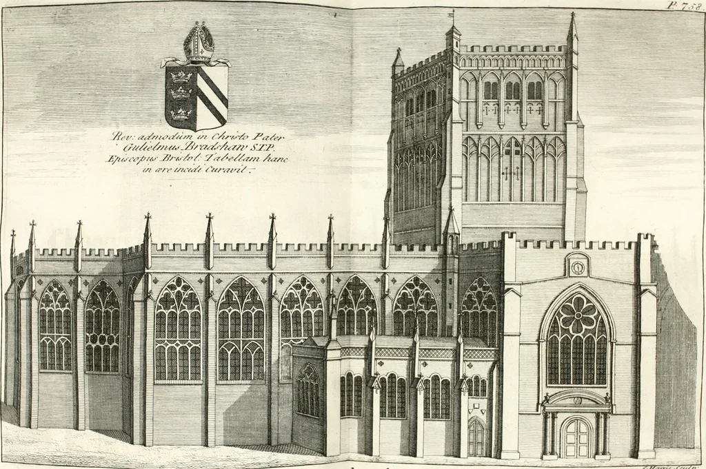 An illustration from A survey of the cathedrals of York, Durham, Carlisle, Chester, Man, Litchfield, Hereford, Worcester, Gloucester, Bristol, Lincoln, Ely, Oxford, Peterborough, Canterbury, Rochester, London, Winchester, Chichester, Norwich, Salisbury, Wells, Exeter, St. Davids, Landaff, Bangor, and St. Asaph : containing an history of their foundations, builders, antient monuments, and inscriptions, endowments, alienations, sales of lands, patronages ... : with an exact account of all the churches and chapels in each diocese, distinguished under their proper archdeaconries and deanries, to what saints dedicated, who patrons of them, and to what religious houses appropriated : the whole extracted from numerous collections out of the registers of every particular see ... : and illustrated with thirty-two curious draughts ... : in three volumes, 1742, leaf 153