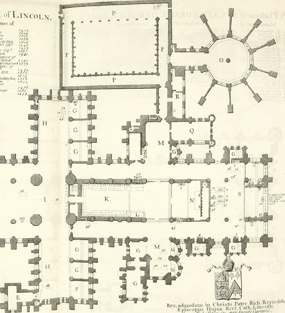 An illustration from A survey of the cathedrals of York, Durham, Carlisle, Chester, Man, Litchfield, Hereford, Worcester, Gloucester, Bristol, Lincoln, Ely, Oxford, Peterborough, Canterbury, Rochester, London, Winchester, Chichester, Norwich, Salisbury, Wells, Exeter, St. Davids, Landaff, Bangor, and St. Asaph : containing an history of their foundations, builders, antient monuments, and inscriptions, endowments, alienations, sales of lands, patronages ... : with an exact account of all the churches and chapels in each diocese, distinguished under their proper archdeaconries and deanries, to what saints dedicated, who patrons of them, and to what religious houses appropriated : the whole extracted from numerous collections out of the registers of every particular see ... : and illustrated with thirty-two curious draughts ... : in three volumes, 1742, leaf 297