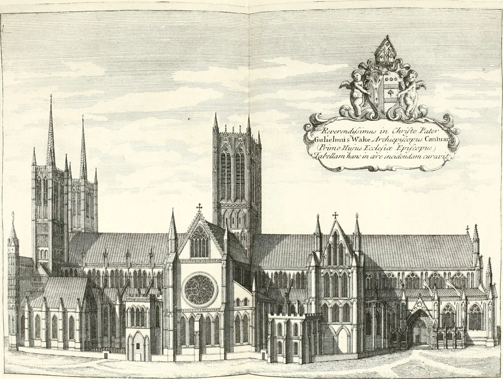An illustration from A survey of the cathedrals of York, Durham, Carlisle, Chester, Man, Litchfield, Hereford, Worcester, Gloucester, Bristol, Lincoln, Ely, Oxford, Peterborough, Canterbury, Rochester, London, Winchester, Chichester, Norwich, Salisbury, Wells, Exeter, St. Davids, Landaff, Bangor, and St. Asaph : containing an history of their foundations, builders, antient monuments, and inscriptions, endowments, alienations, sales of lands, patronages ... : with an exact account of all the churches and chapels in each diocese, distinguished under their proper archdeaconries and deanries, to what saints dedicated, who patrons of them, and to what religious houses appropriated : the whole extracted from numerous collections out of the registers of every particular see ... : and illustrated with thirty-two curious draughts ... : in three volumes, 1742, leaf 299
