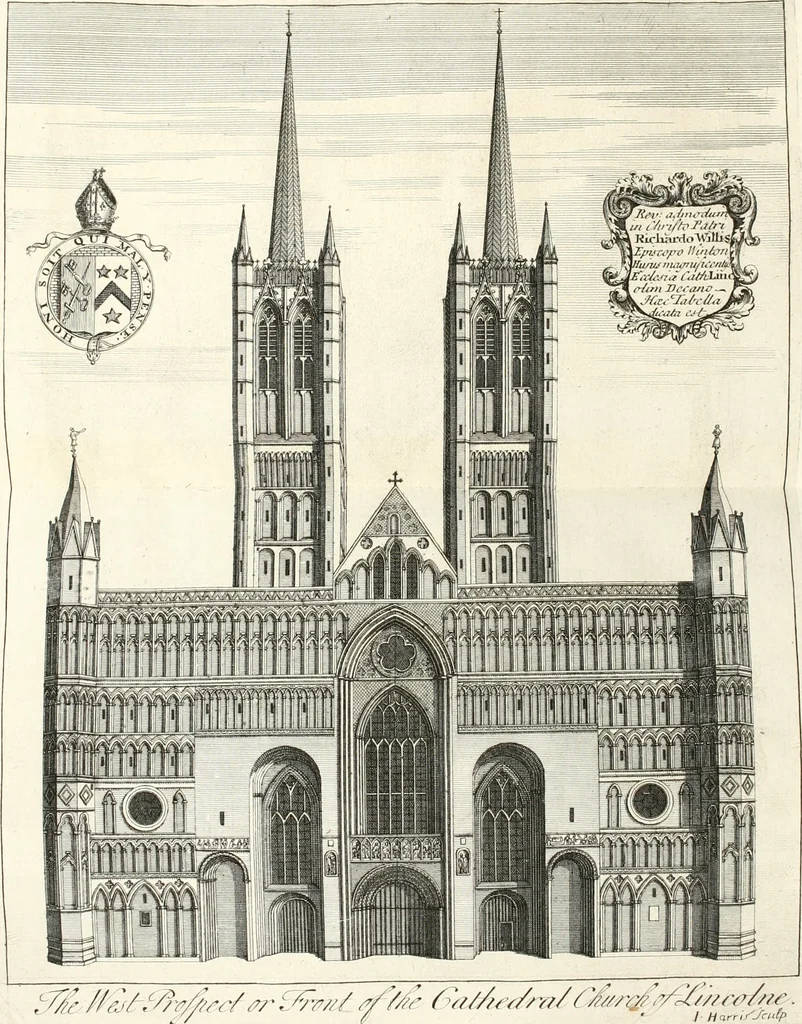 An illustration from A survey of the cathedrals of York, Durham, Carlisle, Chester, Man, Litchfield, Hereford, Worcester, Gloucester, Bristol, Lincoln, Ely, Oxford, Peterborough, Canterbury, Rochester, London, Winchester, Chichester, Norwich, Salisbury, Wells, Exeter, St. Davids, Landaff, Bangor, and St. Asaph : containing an history of their foundations, builders, antient monuments, and inscriptions, endowments, alienations, sales of lands, patronages ... : with an exact account of all the churches and chapels in each diocese, distinguished under their proper archdeaconries and deanries, to what saints dedicated, who patrons of them, and to what religious houses appropriated : the whole extracted from numerous collections out of the registers of every particular see ... : and illustrated with thirty-two curious draughts ... : in three volumes, 1742, leaf 301