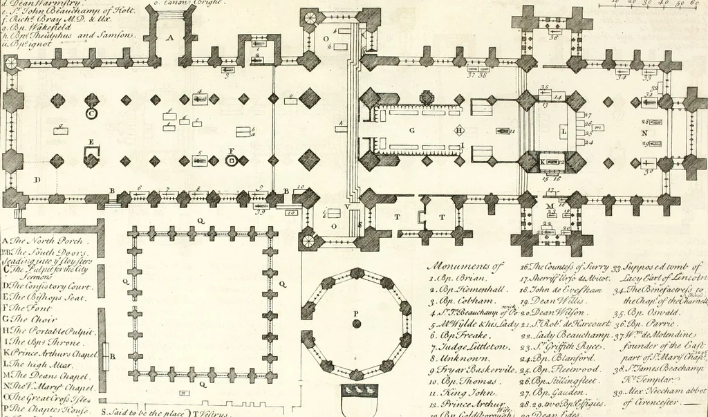 An illustration from A survey of the cathedrals of York, Durham, Carlisle, Chester, Man, Litchfield, Hereford, Worcester, Gloucester, Bristol, Lincoln, Ely, Oxford, Peterborough, Canterbury, Rochester, London, Winchester, Chichester, Norwich, Salisbury, Wells, Exeter, St. Davids, Landaff, Bangor, and St. Asaph : containing an history of their foundations, builders, antient monuments, and inscriptions, endowments, alienations, sales of lands, patronages ... : with an exact account of all the churches and chapels in each diocese, distinguished under their proper archdeaconries and deanries, to what saints dedicated, who patrons of them, and to what religious houses appropriated : the whole extracted from numerous collections out of the registers of every particular see ... : and illustrated with thirty-two curious draughts ... : in three volumes, 1742, leaf 7