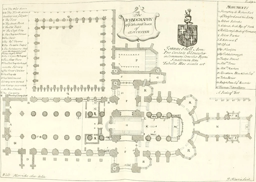 An illustration from A survey of the cathedrals of York, Durham, Carlisle, Chester, Man, Litchfield, Hereford, Worcester, Gloucester, Bristol, Lincoln, Ely, Oxford, Peterborough, Canterbury, Rochester, London, Winchester, Chichester, Norwich, Salisbury, Wells, Exeter, St. Davids, Landaff, Bangor, and St. Asaph : containing an history of their foundations, builders, antient monuments, and inscriptions, endowments, alienations, sales of lands, patronages ... : with an exact account of all the churches and chapels in each diocese, distinguished under their proper archdeaconries and deanries, to what saints dedicated, who patrons of them, and to what religious houses appropriated : the whole extracted from numerous collections out of the registers of every particular see ... : and illustrated with thirty-two curious draughts ... : in three volumes, 1742, leaf 79
