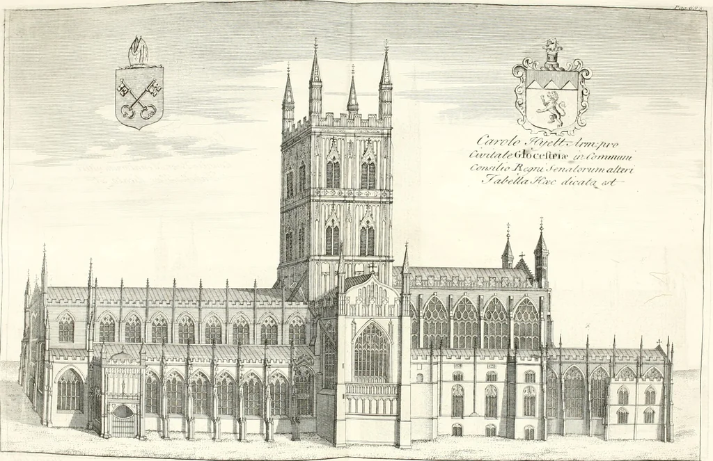 An illustration from A survey of the cathedrals of York, Durham, Carlisle, Chester, Man, Litchfield, Hereford, Worcester, Gloucester, Bristol, Lincoln, Ely, Oxford, Peterborough, Canterbury, Rochester, London, Winchester, Chichester, Norwich, Salisbury, Wells, Exeter, St. Davids, Landaff, Bangor, and St. Asaph : containing an history of their foundations, builders, antient monuments, and inscriptions, endowments, alienations, sales of lands, patronages ... : with an exact account of all the churches and chapels in each diocese, distinguished under their proper archdeaconries and deanries, to what saints dedicated, who patrons of them, and to what religious houses appropriated : the whole extracted from numerous collections out of the registers of every particular see ... : and illustrated with thirty-two curious draughts ... : in three volumes, 1742, leaf 81
