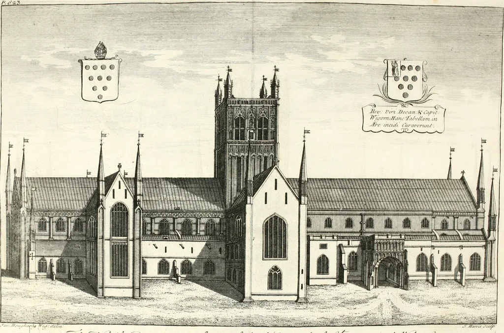 An illustration from A survey of the cathedrals of York, Durham, Carlisle, Chester, Man, Litchfield, Hereford, Worcester, Gloucester, Bristol, Lincoln, Ely, Oxford, Peterborough, Canterbury, Rochester, London, Winchester, Chichester, Norwich, Salisbury, Wells, Exeter, St. Davids, Landaff, Bangor, and St. Asaph : containing an history of their foundations, builders, antient monuments, and inscriptions, endowments, alienations, sales of lands, patronages ... : with an exact account of all the churches and chapels in each diocese, distinguished under their proper archdeaconries and deanries, to what saints dedicated, who patrons of them, and to what religious houses appropriated : the whole extracted from numerous collections out of the registers of every particular see ... : and illustrated with thirty-two curious draughts ... : in three volumes, 1742, leaf 9