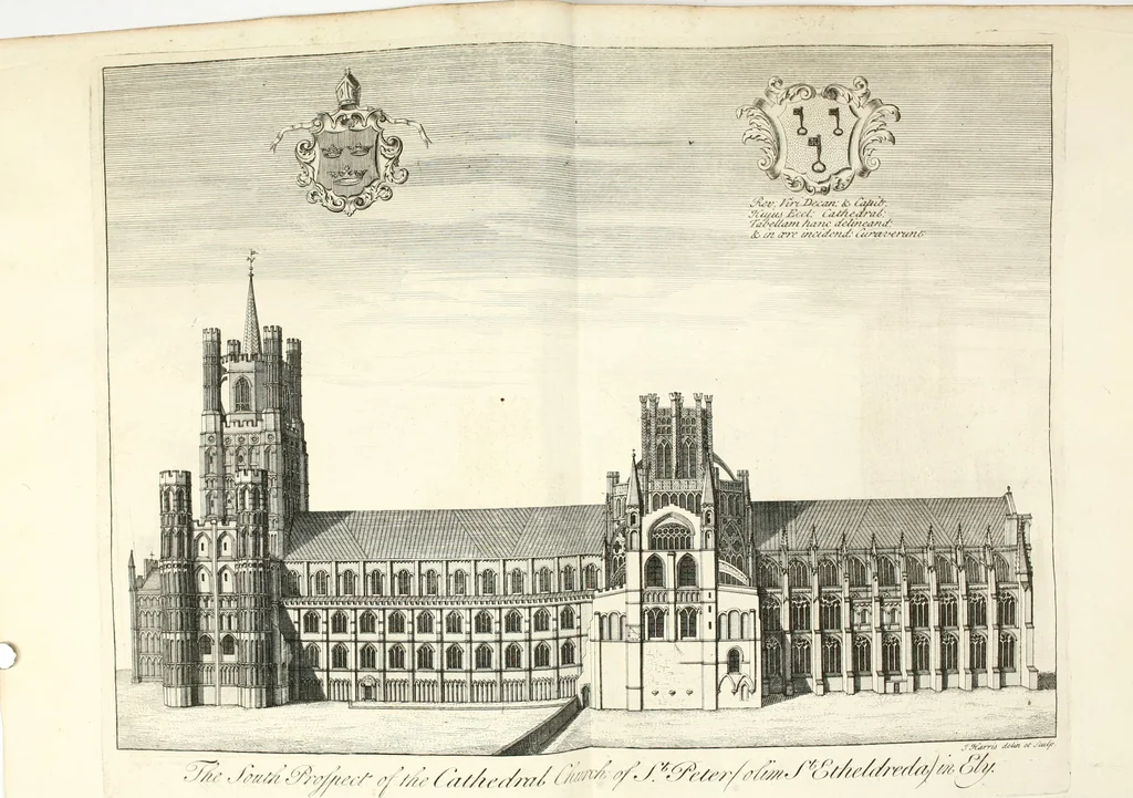 An illustration from A survey of the cathedrals of York, Durham, Carlisle, Chester, Man, Litchfield, Hereford, Worcester, Gloucester, Bristol, Lincoln, Ely, Oxford, Peterborough, Canterbury, Rochester, London, Winchester, Chichester, Norwich, Salisbury, Wells, Exeter, St. Davids, Landaff, Bangor, and St. Asaph : containing an history of their foundations, builders, antient monuments, and inscriptions, endowments, alienations, sales of lands, patronages ... : with an exact account of all the churches and chapels in each diocese, distinguished under their proper archdeaconries and deanries, to what saints dedicated, who patrons of them, and to what religious houses appropriated : the whole extracted from numerous collections out of the registers of every particular see ... : and illustrated with thirty-two curious draughts ... : in three volumes, 1742, leaf 11