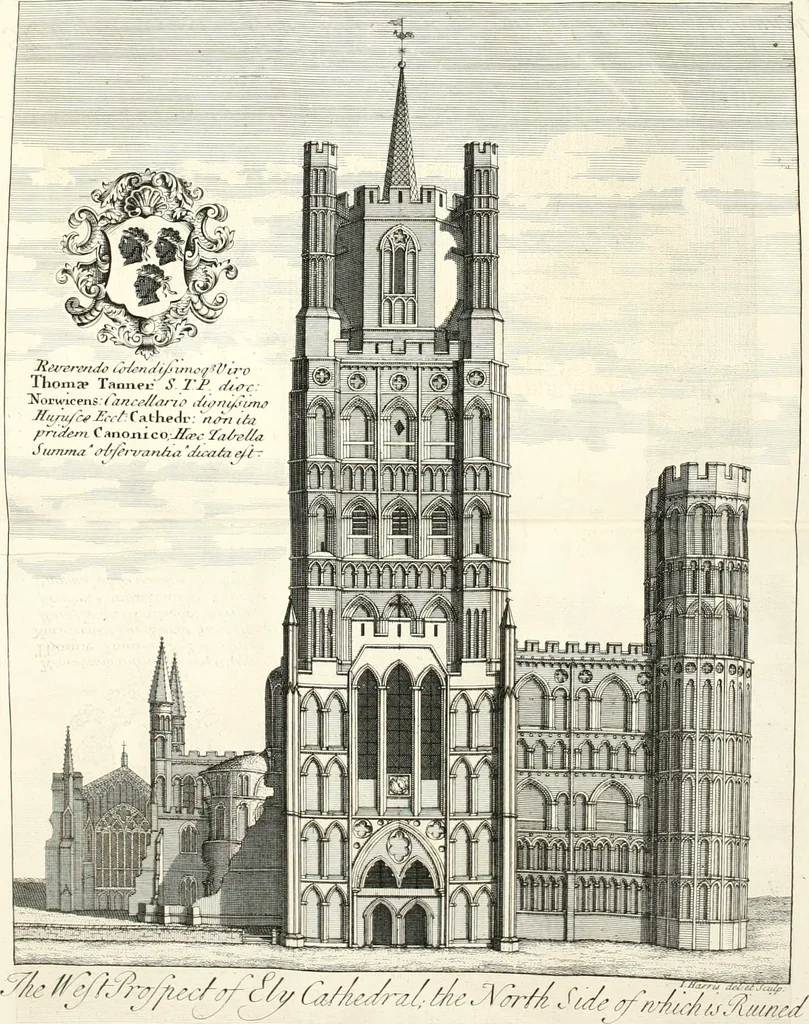 An illustration from A survey of the cathedrals of York, Durham, Carlisle, Chester, Man, Litchfield, Hereford, Worcester, Gloucester, Bristol, Lincoln, Ely, Oxford, Peterborough, Canterbury, Rochester, London, Winchester, Chichester, Norwich, Salisbury, Wells, Exeter, St. Davids, Landaff, Bangor, and St. Asaph : containing an history of their foundations, builders, antient monuments, and inscriptions, endowments, alienations, sales of lands, patronages ... : with an exact account of all the churches and chapels in each diocese, distinguished under their proper archdeaconries and deanries, to what saints dedicated, who patrons of them, and to what religious houses appropriated : the whole extracted from numerous collections out of the registers of every particular see ... : and illustrated with thirty-two curious draughts ... : in three volumes, 1742, leaf 15