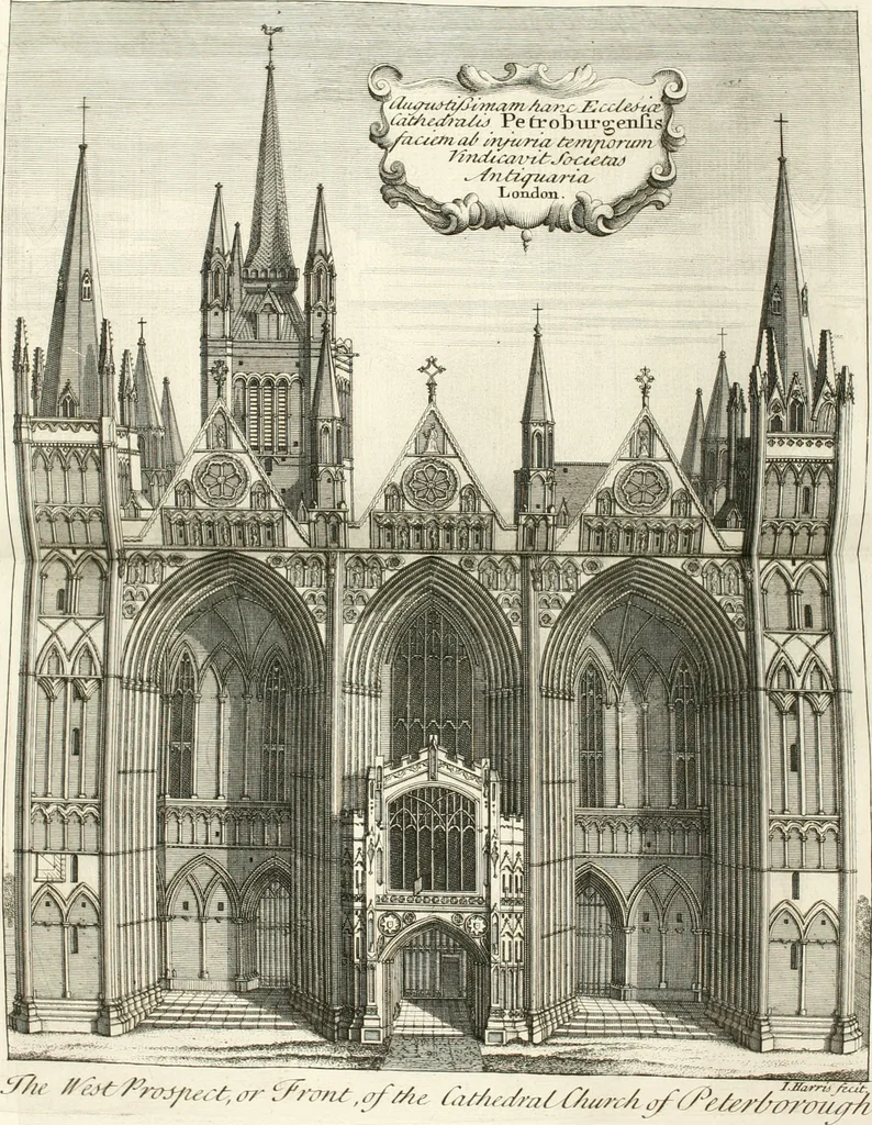 An illustration from A survey of the cathedrals of York, Durham, Carlisle, Chester, Man, Litchfield, Hereford, Worcester, Gloucester, Bristol, Lincoln, Ely, Oxford, Peterborough, Canterbury, Rochester, London, Winchester, Chichester, Norwich, Salisbury, Wells, Exeter, St. Davids, Landaff, Bangor, and St. Asaph : containing an history of their foundations, builders, antient monuments, and inscriptions, endowments, alienations, sales of lands, patronages ... : with an exact account of all the churches and chapels in each diocese, distinguished under their proper archdeaconries and deanries, to what saints dedicated, who patrons of them, and to what religious houses appropriated : the whole extracted from numerous collections out of the registers of every particular see ... : and illustrated with thirty-two curious draughts ... : in three volumes, 1742, leaf 165
