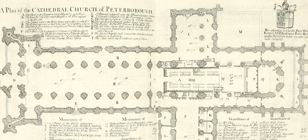 An illustration from A survey of the cathedrals of York, Durham, Carlisle, Chester, Man, Litchfield, Hereford, Worcester, Gloucester, Bristol, Lincoln, Ely, Oxford, Peterborough, Canterbury, Rochester, London, Winchester, Chichester, Norwich, Salisbury, Wells, Exeter, St. Davids, Landaff, Bangor, and St. Asaph : containing an history of their foundations, builders, antient monuments, and inscriptions, endowments, alienations, sales of lands, patronages ... : with an exact account of all the churches and chapels in each diocese, distinguished under their proper archdeaconries and deanries, to what saints dedicated, who patrons of them, and to what religious houses appropriated : the whole extracted from numerous collections out of the registers of every particular see ... : and illustrated with thirty-two curious draughts ... : in three volumes, 1742, leaf 167