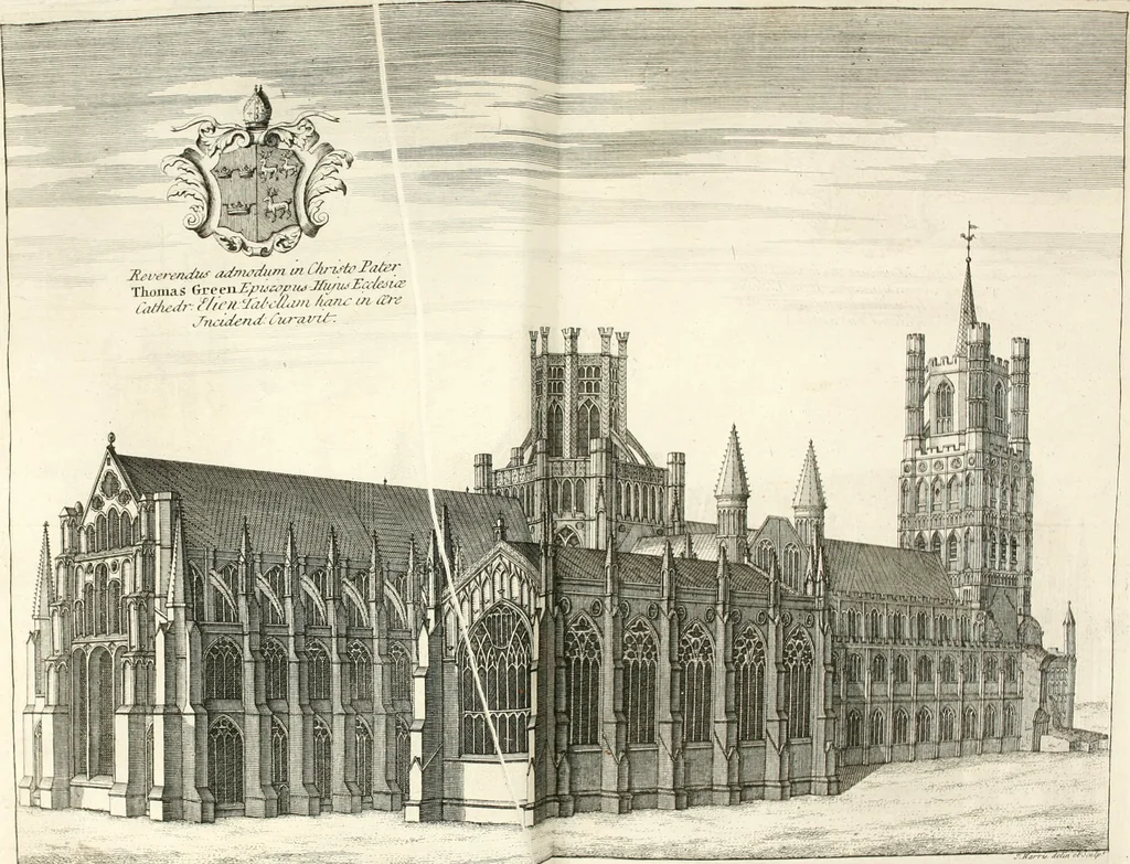 An illustration from A survey of the cathedrals of York, Durham, Carlisle, Chester, Man, Litchfield, Hereford, Worcester, Gloucester, Bristol, Lincoln, Ely, Oxford, Peterborough, Canterbury, Rochester, London, Winchester, Chichester, Norwich, Salisbury, Wells, Exeter, St. Davids, Landaff, Bangor, and St. Asaph : containing an history of their foundations, builders, antient monuments, and inscriptions, endowments, alienations, sales of lands, patronages ... : with an exact account of all the churches and chapels in each diocese, distinguished under their proper archdeaconries and deanries, to what saints dedicated, who patrons of them, and to what religious houses appropriated : the whole extracted from numerous collections out of the registers of every particular see ... : and illustrated with thirty-two curious draughts ... : in three volumes, 1742, leaf 7