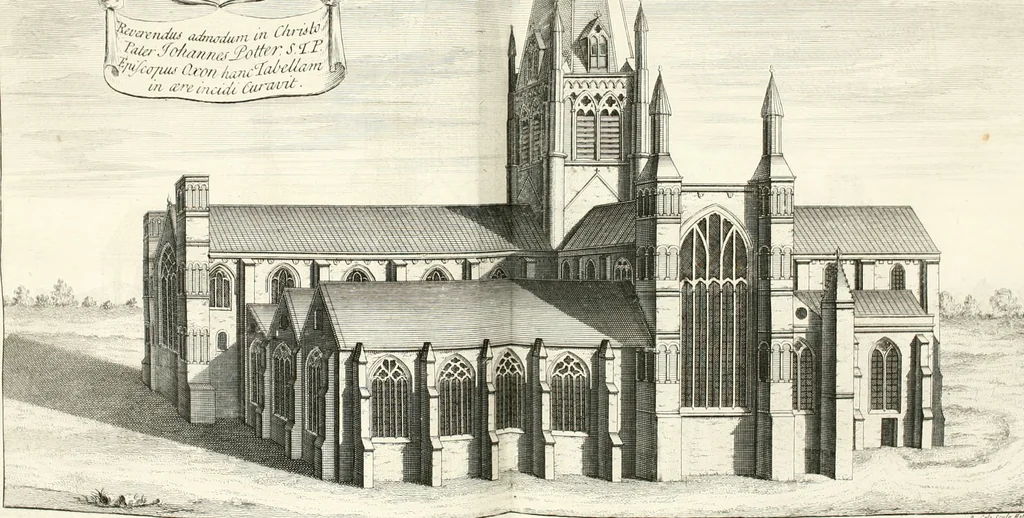 An illustration from A survey of the cathedrals of York, Durham, Carlisle, Chester, Man, Litchfield, Hereford, Worcester, Gloucester, Bristol, Lincoln, Ely, Oxford, Peterborough, Canterbury, Rochester, London, Winchester, Chichester, Norwich, Salisbury, Wells, Exeter, St. Davids, Landaff, Bangor, and St. Asaph : containing an history of their foundations, builders, antient monuments, and inscriptions, endowments, alienations, sales of lands, patronages ... : with an exact account of all the churches and chapels in each diocese, distinguished under their proper archdeaconries and deanries, to what saints dedicated, who patrons of them, and to what religious houses appropriated : the whole extracted from numerous collections out of the registers of every particular see ... : and illustrated with thirty-two curious draughts ... : in three volumes, 1742, leaf 87