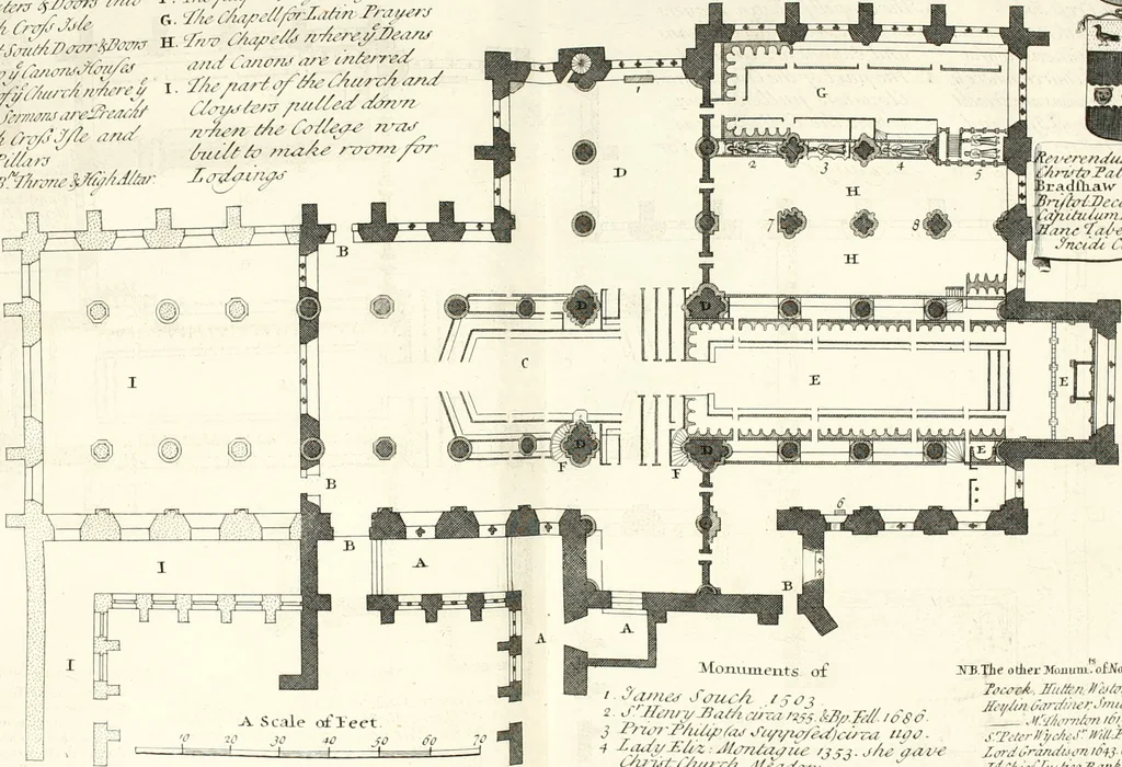 An illustration from A survey of the cathedrals of York, Durham, Carlisle, Chester, Man, Litchfield, Hereford, Worcester, Gloucester, Bristol, Lincoln, Ely, Oxford, Peterborough, Canterbury, Rochester, London, Winchester, Chichester, Norwich, Salisbury, Wells, Exeter, St. Davids, Landaff, Bangor, and St. Asaph : containing an history of their foundations, builders, antient monuments, and inscriptions, endowments, alienations, sales of lands, patronages ... : with an exact account of all the churches and chapels in each diocese, distinguished under their proper archdeaconries and deanries, to what saints dedicated, who patrons of them, and to what religious houses appropriated : the whole extracted from numerous collections out of the registers of every particular see ... : and illustrated with thirty-two curious draughts ... : in three volumes, 1742, leaf 89