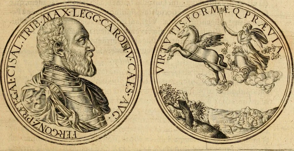 An illustration from Sylloge numismatum elegantiorum, quae diuersi impp., reges, principes, comites, respublicae diuersas ob causas ab anno 1500 ad annum usq[ue] 1600 cudi fecerunt, concinnata & historica narratione (sed breui) illustrata, 1620, leaf 102