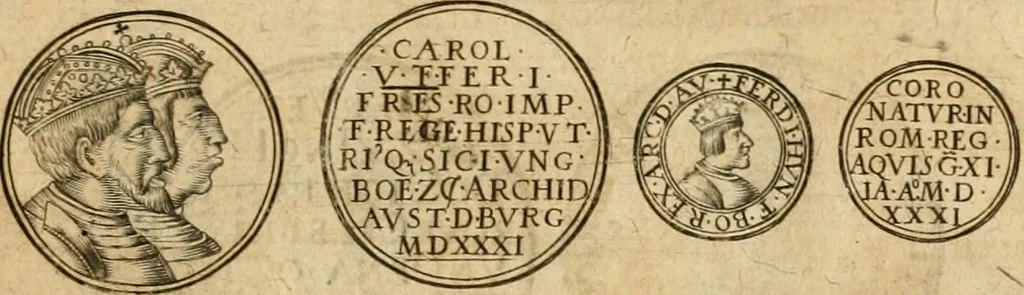 An illustration from Sylloge numismatum elegantiorum, quae diuersi impp., reges, principes, comites, respublicae diuersas ob causas ab anno 1500 ad annum usq[ue] 1600 cudi fecerunt, concinnata & historica narratione (sed breui) illustrata, 1620, leaf 104