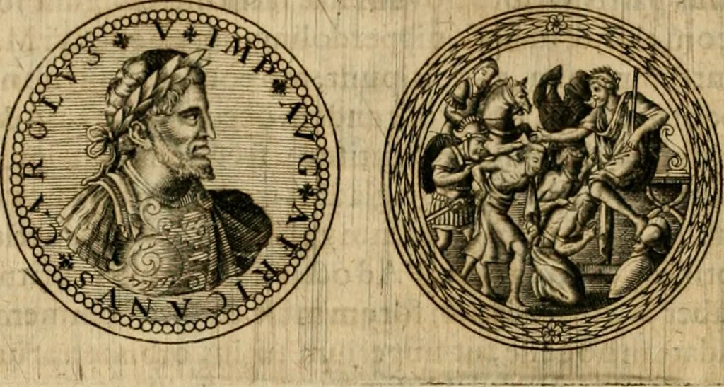 An illustration from Sylloge numismatum elegantiorum, quae diuersi impp., reges, principes, comites, respublicae diuersas ob causas ab anno 1500 ad annum usq[ue] 1600 cudi fecerunt, concinnata & historica narratione (sed breui) illustrata, 1620, leaf 113