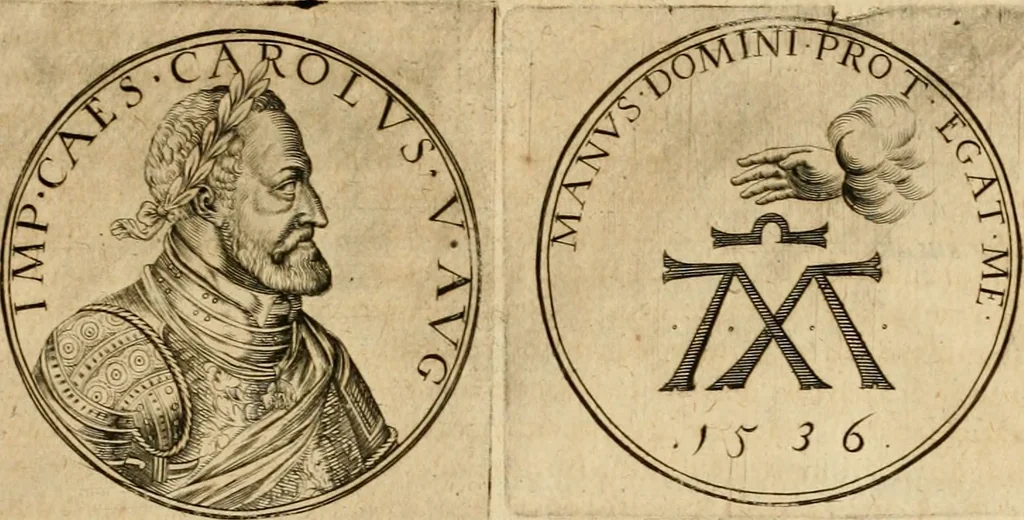 An illustration from Sylloge numismatum elegantiorum, quae diuersi impp., reges, principes, comites, respublicae diuersas ob causas ab anno 1500 ad annum usq[ue] 1600 cudi fecerunt, concinnata & historica narratione (sed breui) illustrata, 1620, leaf 116