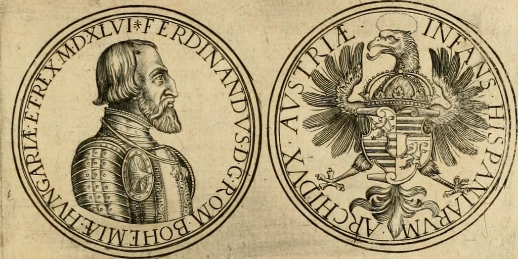 An illustration from Sylloge numismatum elegantiorum, quae diuersi impp., reges, principes, comites, respublicae diuersas ob causas ab anno 1500 ad annum usq[ue] 1600 cudi fecerunt, concinnata & historica narratione (sed breui) illustrata, 1620, leaf 144