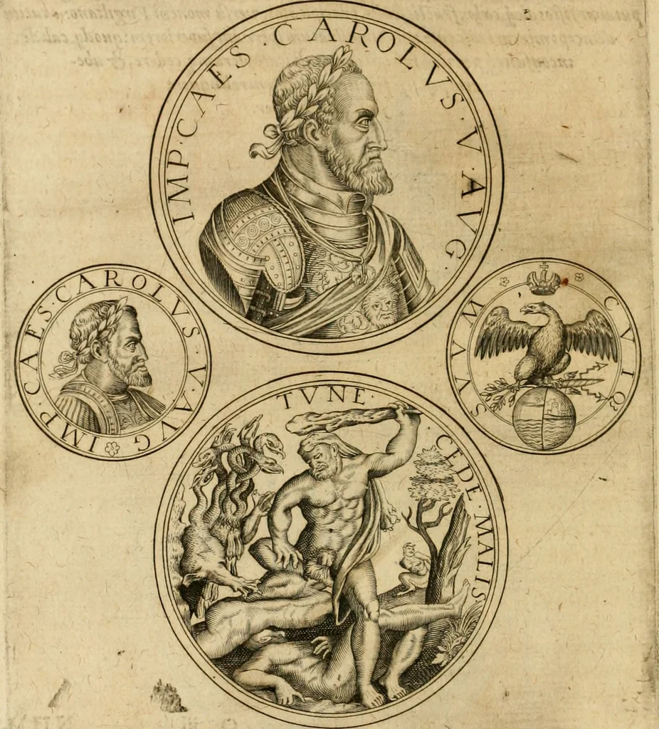 An illustration from Sylloge numismatum elegantiorum, quae diuersi impp., reges, principes, comites, respublicae diuersas ob causas ab anno 1500 ad annum usq[ue] 1600 cudi fecerunt, concinnata & historica narratione (sed breui) illustrata, 1620, leaf 155