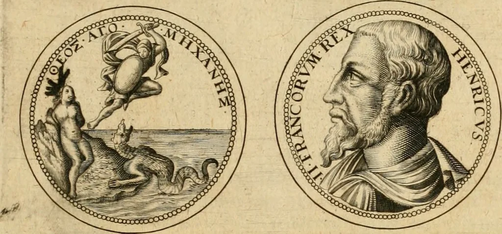 An illustration from Sylloge numismatum elegantiorum, quae diuersi impp., reges, principes, comites, respublicae diuersas ob causas ab anno 1500 ad annum usq[ue] 1600 cudi fecerunt, concinnata & historica narratione (sed breui) illustrata, 1620, leaf 166