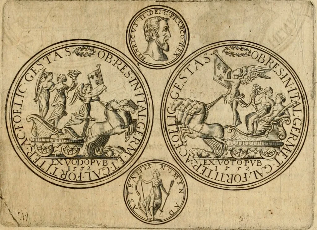 An illustration from Sylloge numismatum elegantiorum, quae diuersi impp., reges, principes, comites, respublicae diuersas ob causas ab anno 1500 ad annum usq[ue] 1600 cudi fecerunt, concinnata & historica narratione (sed breui) illustrata, 1620, leaf 180