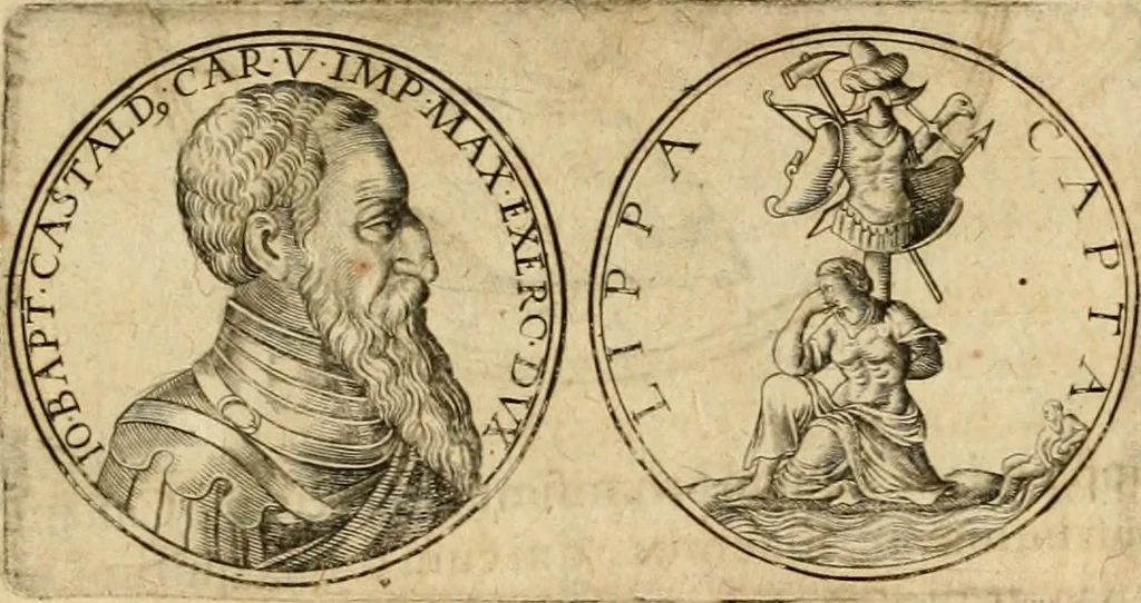 An illustration from Sylloge numismatum elegantiorum, quae diuersi impp., reges, principes, comites, respublicae diuersas ob causas ab anno 1500 ad annum usq[ue] 1600 cudi fecerunt, concinnata & historica narratione (sed breui) illustrata, 1620, leaf 182