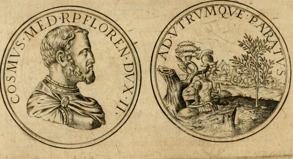 An illustration from Sylloge numismatum elegantiorum, quae diuersi impp., reges, principes, comites, respublicae diuersas ob causas ab anno 1500 ad annum usq[ue] 1600 cudi fecerunt, concinnata & historica narratione (sed breui) illustrata, 1620, leaf 203