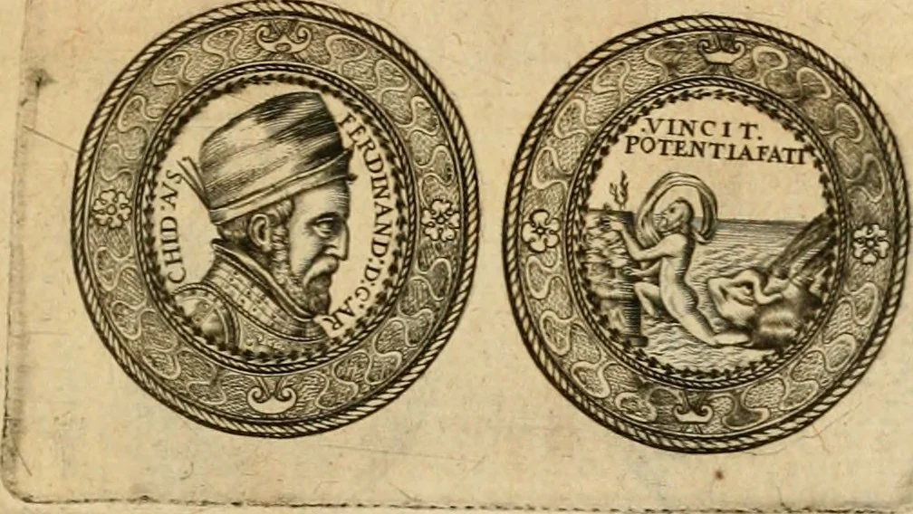 An illustration from Sylloge numismatum elegantiorum, quae diuersi impp., reges, principes, comites, respublicae diuersas ob causas ab anno 1500 ad annum usq[ue] 1600 cudi fecerunt, concinnata & historica narratione (sed breui) illustrata, 1620, leaf 210