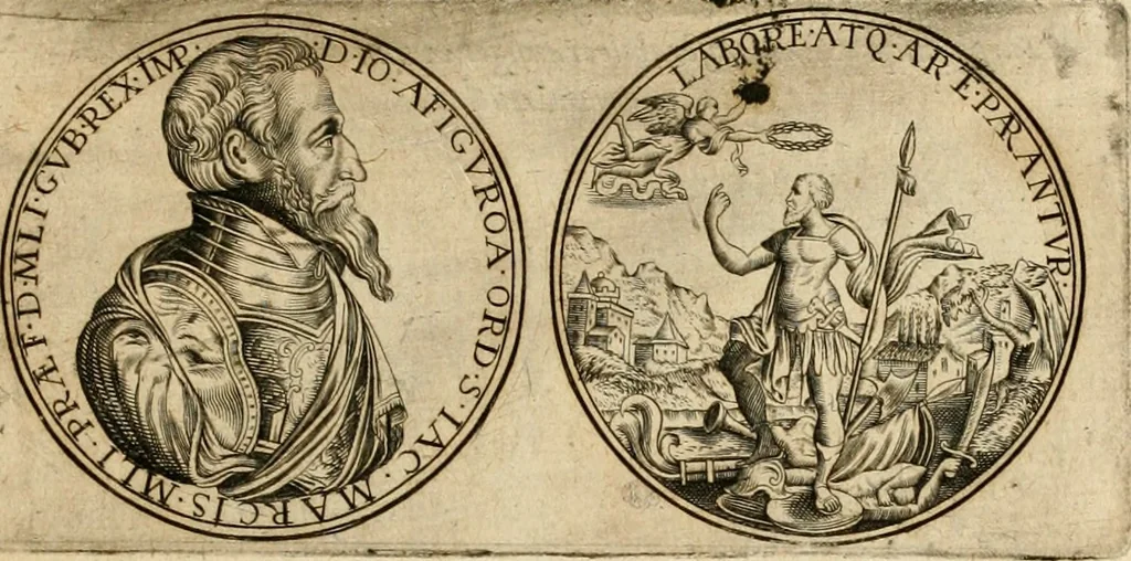 An illustration from Sylloge numismatum elegantiorum, quae diuersi impp., reges, principes, comites, respublicae diuersas ob causas ab anno 1500 ad annum usq[ue] 1600 cudi fecerunt, concinnata & historica narratione (sed breui) illustrata, 1620, leaf 216