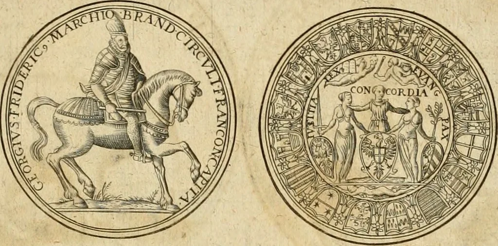 An illustration from Sylloge numismatum elegantiorum, quae diuersi impp., reges, principes, comites, respublicae diuersas ob causas ab anno 1500 ad annum usq[ue] 1600 cudi fecerunt, concinnata & historica narratione (sed breui) illustrata, 1620, leaf 218
