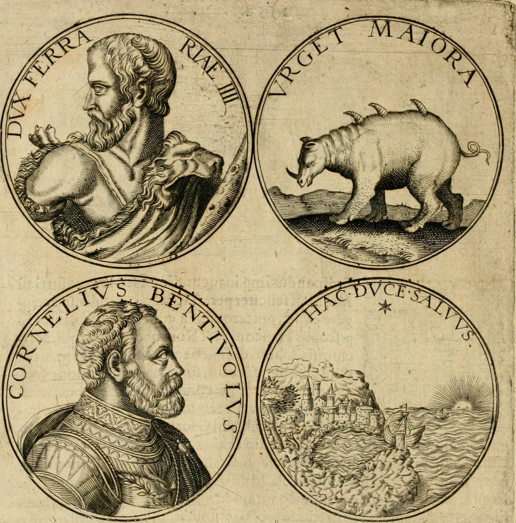 An illustration from Sylloge numismatum elegantiorum, quae diuersi impp., reges, principes, comites, respublicae diuersas ob causas ab anno 1500 ad annum usq[ue] 1600 cudi fecerunt, concinnata & historica narratione (sed breui) illustrata, 1620, leaf 219