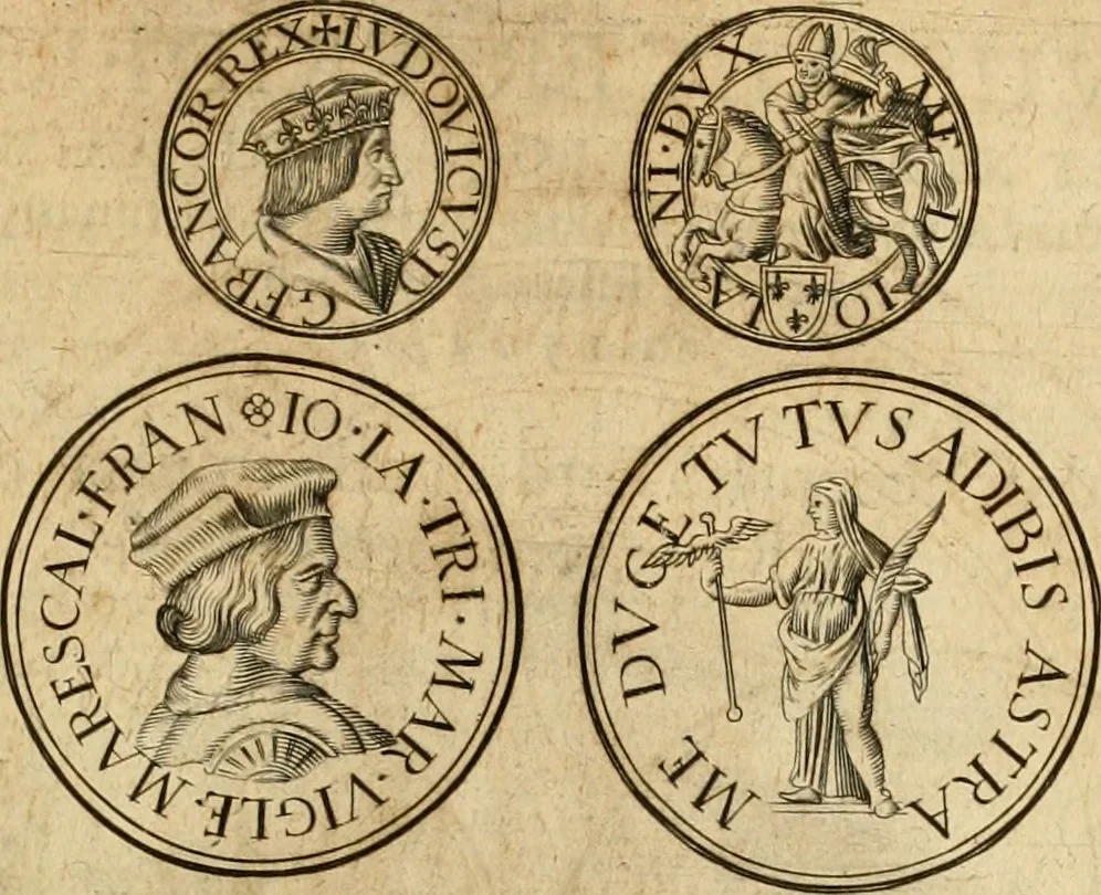 An illustration from Sylloge numismatum elegantiorum, quae diuersi impp., reges, principes, comites, respublicae diuersas ob causas ab anno 1500 ad annum usq[ue] 1600 cudi fecerunt, concinnata & historica narratione (sed breui) illustrata, 1620, leaf 32