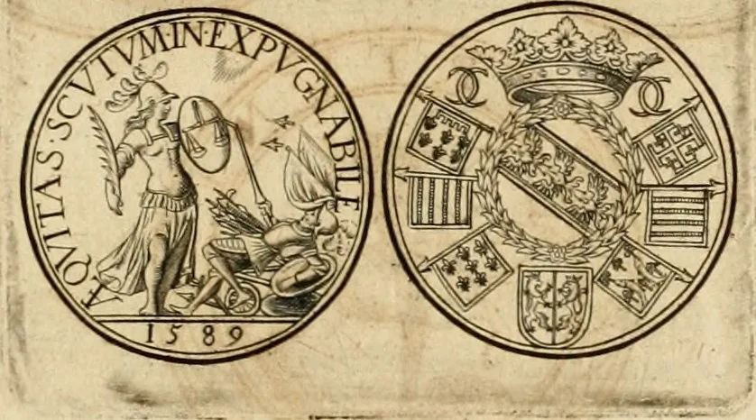 An illustration from Sylloge numismatum elegantiorum, quae diuersi impp., reges, principes, comites, respublicae diuersas ob causas ab anno 1500 ad annum usq[ue] 1600 cudi fecerunt, concinnata & historica narratione (sed breui) illustrata, 1620, leaf 348