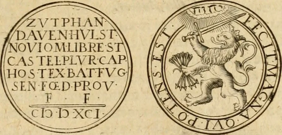 An illustration from Sylloge numismatum elegantiorum, quae diuersi impp., reges, principes, comites, respublicae diuersas ob causas ab anno 1500 ad annum usq[ue] 1600 cudi fecerunt, concinnata & historica narratione (sed breui) illustrata, 1620, leaf 356