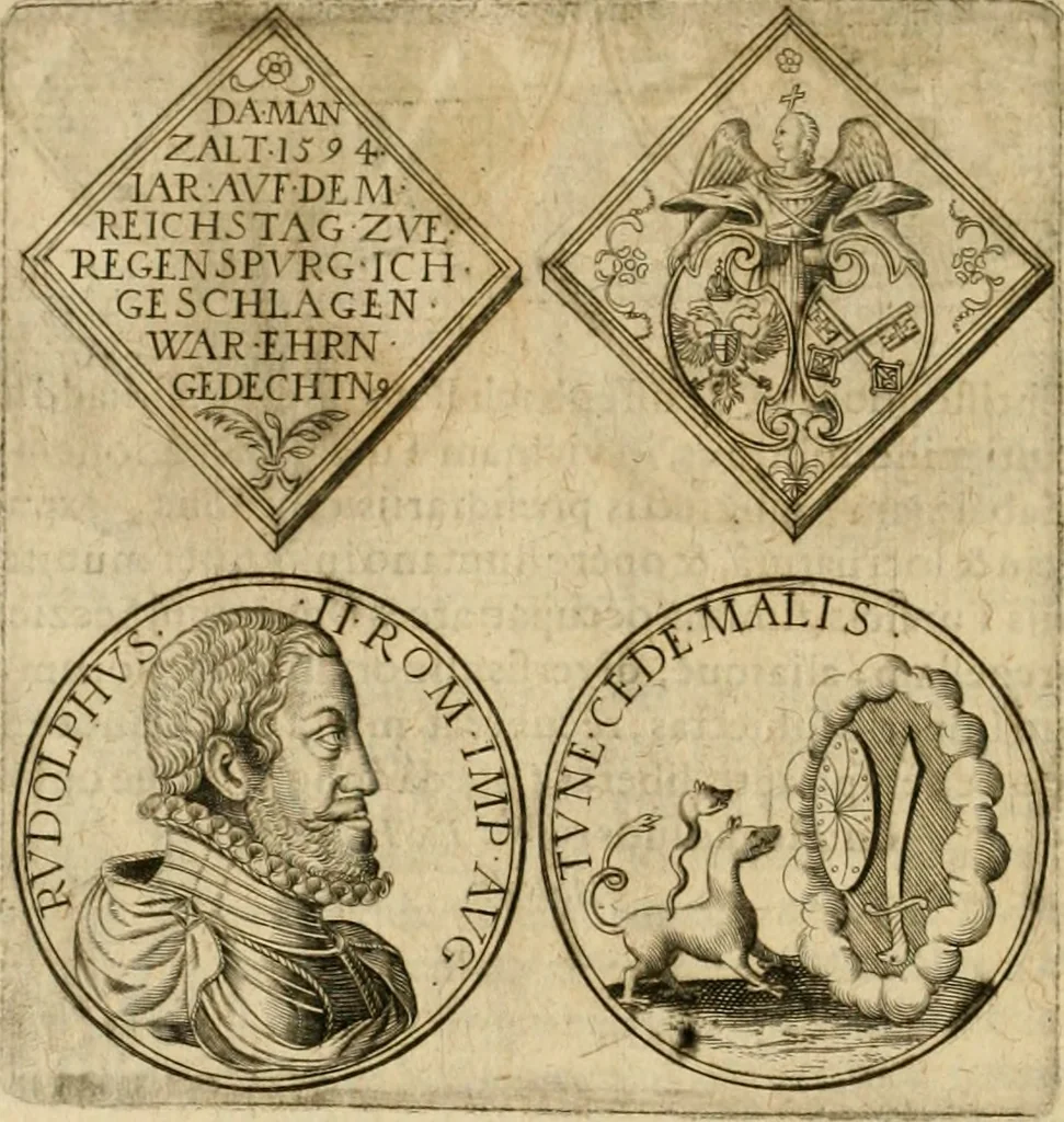 An illustration from Sylloge numismatum elegantiorum, quae diuersi impp., reges, principes, comites, respublicae diuersas ob causas ab anno 1500 ad annum usq[ue] 1600 cudi fecerunt, concinnata & historica narratione (sed breui) illustrata, 1620, leaf 371