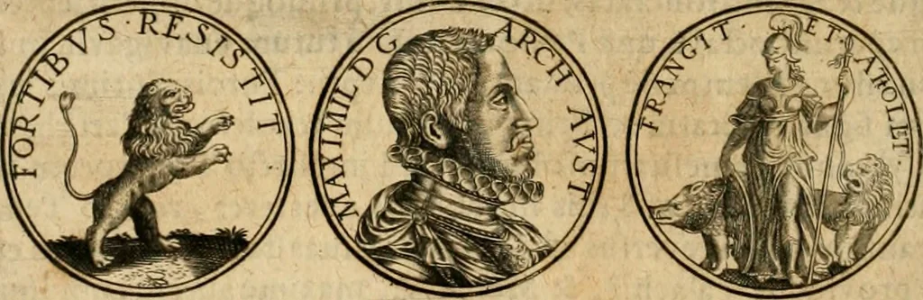 An illustration from Sylloge numismatum elegantiorum, quae diuersi impp., reges, principes, comites, respublicae diuersas ob causas ab anno 1500 ad annum usq[ue] 1600 cudi fecerunt, concinnata & historica narratione (sed breui) illustrata, 1620, leaf 393