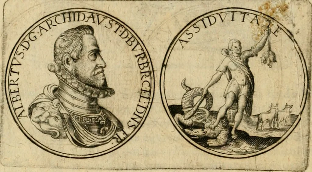An illustration from Sylloge numismatum elegantiorum, quae diuersi impp., reges, principes, comites, respublicae diuersas ob causas ab anno 1500 ad annum usq[ue] 1600 cudi fecerunt, concinnata & historica narratione (sed breui) illustrata, 1620, leaf 407