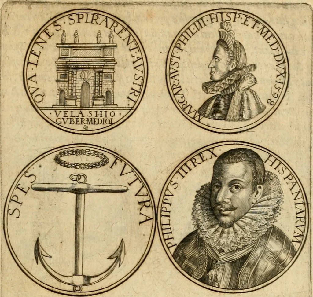 An illustration from Sylloge numismatum elegantiorum, quae diuersi impp., reges, principes, comites, respublicae diuersas ob causas ab anno 1500 ad annum usq[ue] 1600 cudi fecerunt, concinnata & historica narratione (sed breui) illustrata, 1620, leaf 408