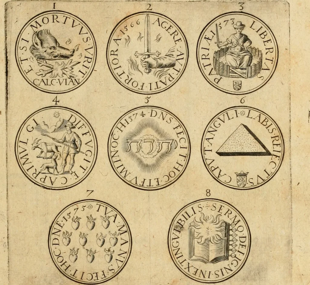 An illustration from Sylloge numismatum elegantiorum, quae diuersi impp., reges, principes, comites, respublicae diuersas ob causas ab anno 1500 ad annum usq[ue] 1600 cudi fecerunt, concinnata & historica narratione (sed breui) illustrata, 1620, leaf 418