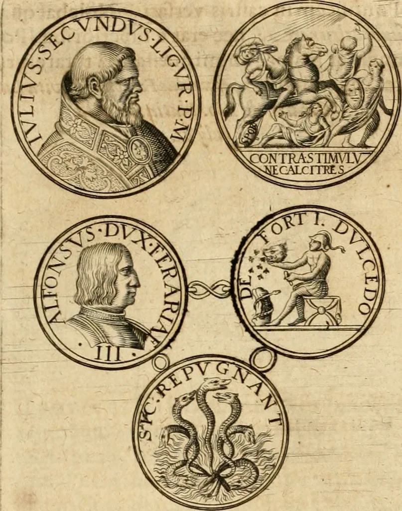 An illustration from Sylloge numismatum elegantiorum, quae diuersi impp., reges, principes, comites, respublicae diuersas ob causas ab anno 1500 ad annum usq[ue] 1600 cudi fecerunt, concinnata & historica narratione (sed breui) illustrata, 1620, leaf 50