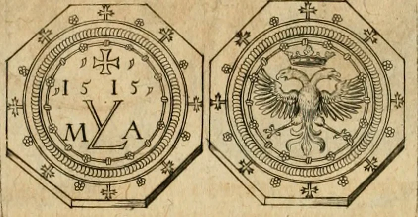 An illustration from Sylloge numismatum elegantiorum, quae diuersi impp., reges, principes, comites, respublicae diuersas ob causas ab anno 1500 ad annum usq[ue] 1600 cudi fecerunt, concinnata & historica narratione (sed breui) illustrata, 1620, leaf 59