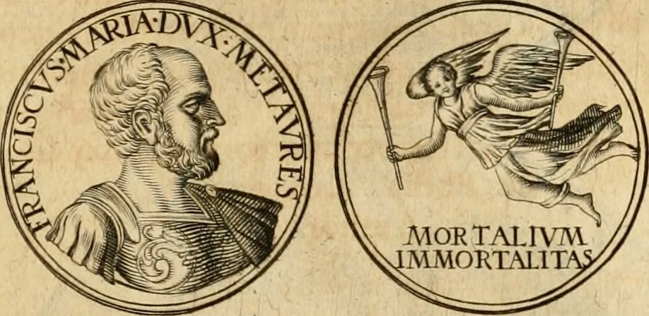 An illustration from Sylloge numismatum elegantiorum, quae diuersi impp., reges, principes, comites, respublicae diuersas ob causas ab anno 1500 ad annum usq[ue] 1600 cudi fecerunt, concinnata & historica narratione (sed breui) illustrata, 1620, leaf 66