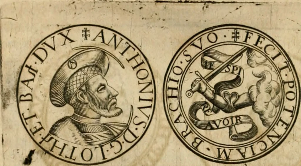 An illustration from Sylloge numismatum elegantiorum, quae diuersi impp., reges, principes, comites, respublicae diuersas ob causas ab anno 1500 ad annum usq[ue] 1600 cudi fecerunt, concinnata & historica narratione (sed breui) illustrata, 1620, leaf 85