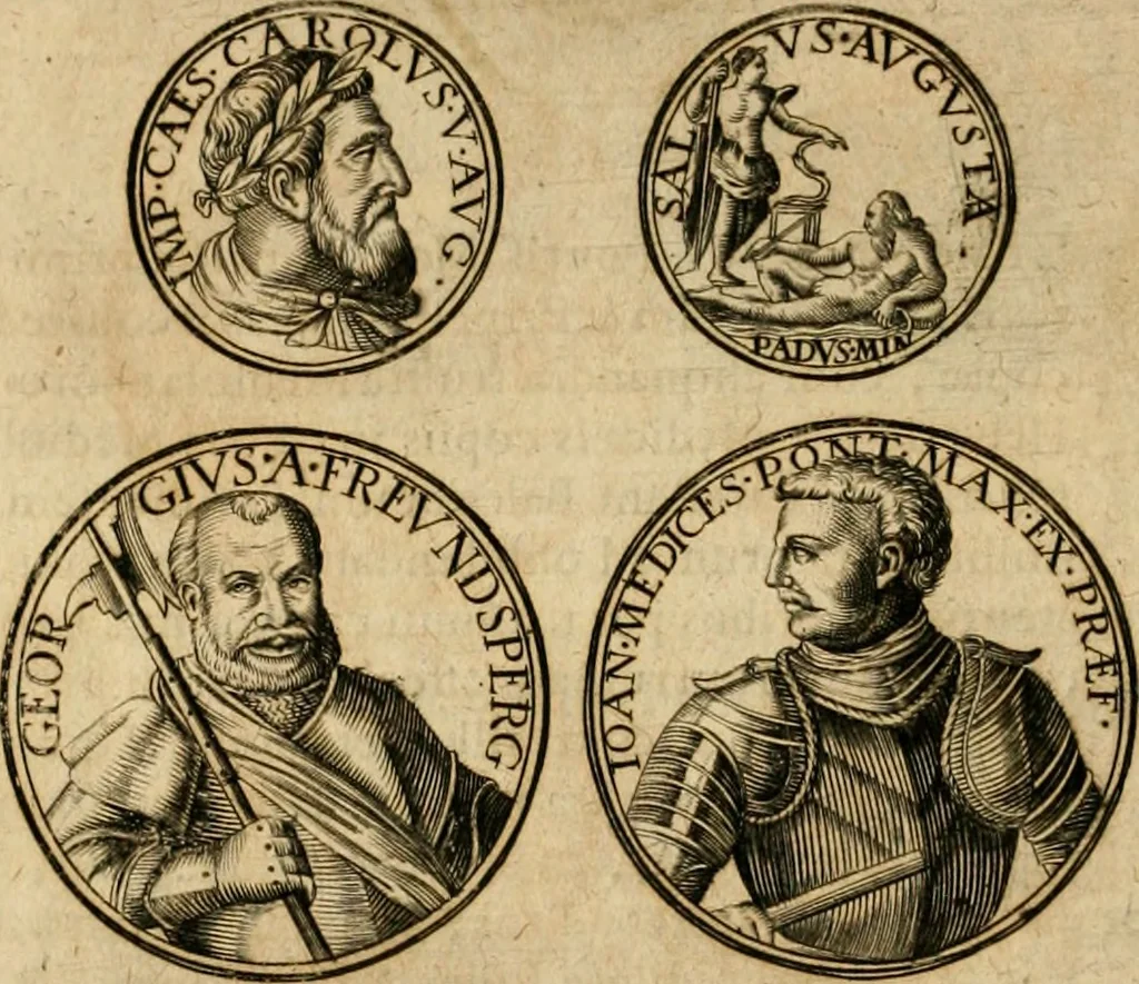 An illustration from Sylloge numismatum elegantiorum, quae diuersi impp., reges, principes, comites, respublicae diuersas ob causas ab anno 1500 ad annum usq[ue] 1600 cudi fecerunt, concinnata & historica narratione (sed breui) illustrata, 1620, leaf 89