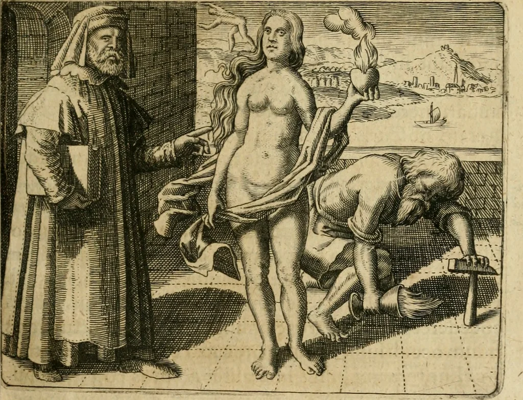 An illustration from Symbola avreae mensae dvodecim nationvm : hoc est, Hermaea sev Mercvrii festa ab heroibus duodenu selectu, artis chymicae usu, sapientia & authoritate paribvs celebrata, ad Pyrgopolynicen seu aduersarium illum tot annis iactabundum ..., 1617, leaf 114