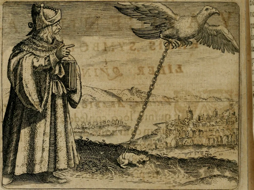 An illustration from Symbola avreae mensae dvodecim nationvm : hoc est, Hermaea sev Mercvrii festa ab heroibus duodenu selectu, artis chymicae usu, sapientia & authoritate paribvs celebrata, ad Pyrgopolynicen seu aduersarium illum tot annis iactabundum ..., 1617, leaf 215