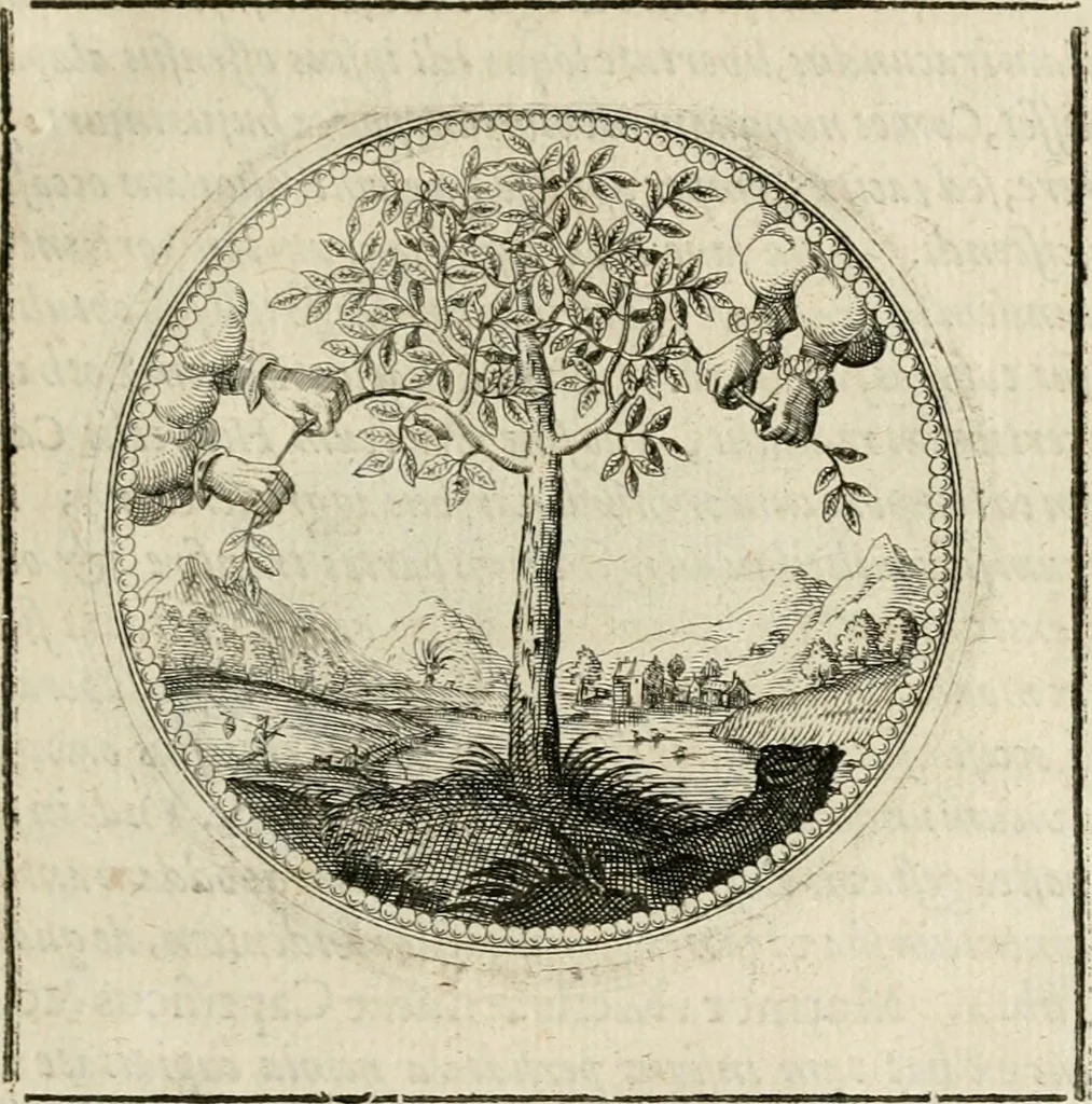 An illustration from Symboloru[m] & emblematum ex re herbaria desumtorum centuria vna[-quarta] collecta, 1654, leaf 48