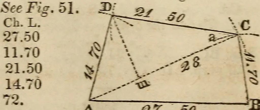 An illustration from A system of geometry and trigonometry : with a treatise on surveying ... in which, also, the principles of rectangular surveying ... are fully explained: with a complete series of mathematical tables, and the necessary explanations, 1830, leaf 47
