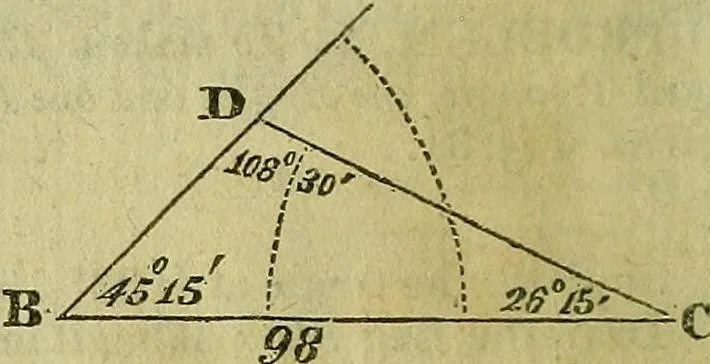An illustration from A system of geometry and trigonometry, together with a treatise on surveying ... Likewise, rectangular surveying ... To the whole are added, several mathematical tables, necessary for solving questions in trigonometry and surveying .., 1825, leaf 25
