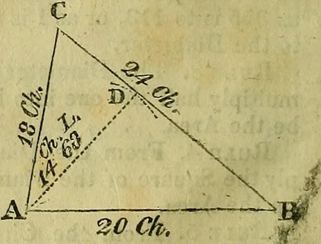 An illustration from A system of geometry and trigonometry, together with a treatise on surveying ... Likewise, rectangular surveying ... To the whole are added, several mathematical tables, necessary for solving questions in trigonometry and surveying .., 1825, leaf 47